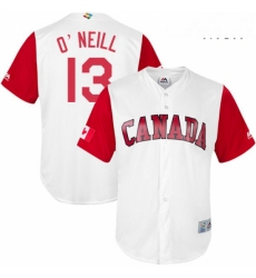 Mens Canada Baseball Majestic 13 Tyler ONeill White 2017 World Baseball Classic Replica Team Jersey