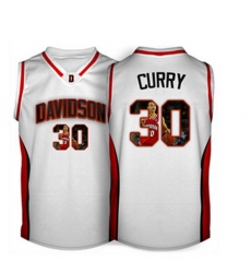 Davidson Wildcat 30 Stephen Curry White With Portrait Print College Basketball Jersey