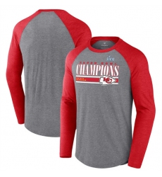 Men's Kansas City Chiefs Gray Red Super Bowl LVII Champions Perfect Addition Tri-Blend Raglan Long Sleeve T-Shirt