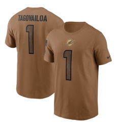 Men Miami Dolphins 1 Tua Tagovailoa 2023 Brown Salute To Service Name Number T Shirt