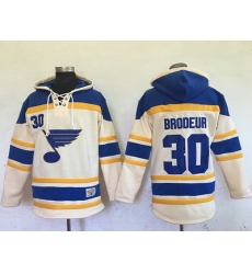 Blues #30 Martin Brodeur Cream Sawyer Hooded Sweatshirt Stitched NHL Jersey