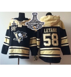 Men Pittsburgh Penguins 58 Kris Letang Black Sawyer Hooded Sweatshirt 2016 Stanley Cup Champions Stitched NHL Jersey