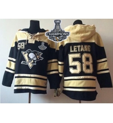 Men Pittsburgh Penguins 58 Kris Letang Black Sawyer Hooded Sweatshirt 2017 Stanley Cup Finals Champions Stitched NHL Jersey