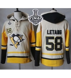 Men Pittsburgh Penguins 58 Kris Letang Cream Gold Sawyer Hooded Sweatshirt 2017 Stanley Cup Final Patch Stitched NHL Jersey