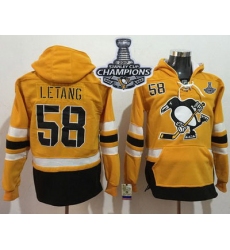Men Pittsburgh Penguins 58 Kris Letang Gold Sawyer Hooded Sweatshirt 2017 Stadium Series Stanley Cup Finals Champions Stitched NHL Jersey