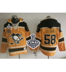 Men Pittsburgh Penguins 58 Kris Letang Gold Sawyer Hooded Sweatshirt 2017 Stanley Cup Finals Champions Stitched NHL Jersey