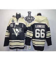 Men Pittsburgh Penguins 66 Mario Lemieux Black Sawyer Hooded Sweatshirt 2017 Stanley Cup Final Patch Stitched NHL Jersey