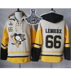 Men Pittsburgh Penguins 66 Mario Lemieux Cream Gold Sawyer Hooded Sweatshirt 2017 Stanley Cup Finals Champions Stitched NHL Jersey
