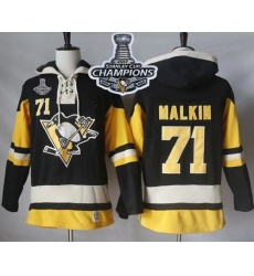 Men Pittsburgh Penguins 71 Evgeni Malkin Black Alternate Sawyer Hooded Sweatshirt 2017 Stanley Cup Finals Champions Stitched NHL Jersey