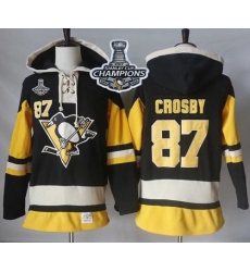 Men Pittsburgh Penguins 87 Sidney Crosby Black Alternate Sawyer Hooded Sweatshirt 2017 Stanley Cup Finals Champions Stitched NHL Jersey