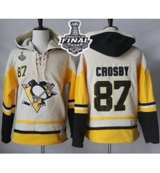 Men Pittsburgh Penguins 87 Sidney Crosby Cream Gold Sawyer Hooded Sweatshirt 2017 Stanley Cup Final Patch Stitched NHL Jersey