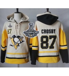Men Pittsburgh Penguins 87 Sidney Crosby Cream Gold Sawyer Hooded Sweatshirt 2017 Stanley Cup Finals Champions Stitched NHL Jersey