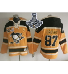 Men Pittsburgh Penguins 87 Sidney Crosby Gold Sawyer Hooded Sweatshirt 2017 Stanley Cup Finals Champions Stitched NHL Jersey