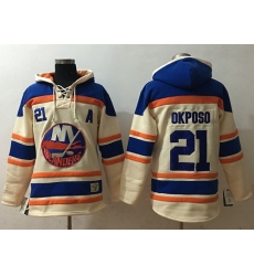 Men New York Islanders 21 Kyle Okposo Cream Sawyer Hooded Sweatshirt Stitched NHL Jersey
