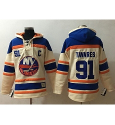 Men New York Islanders 91 John Tavares Cream Sawyer Hooded Sweatshirt Stitched NHL Jersey