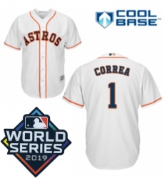 Mens Majestic Houston Astros 1 Carlos Correa Replica White Home Cool Base Sitched 2019 World Series Patch Jersey