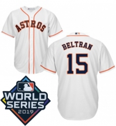 Mens Majestic Houston Astros 15 Carlos Beltran Replica White Home Cool Base Sitched 2019 World Series Patch Jersey