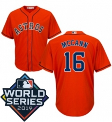 Mens Majestic Houston Astros 16 Brian McCann Replica Orange Alternate Cool Base Sitched 2019 World Series Patch Jersey