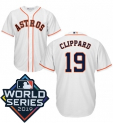 Mens Majestic Houston Astros 19 Tyler Clippard Replica White Home Cool Base Sitched 2019 World Series Patch jersey