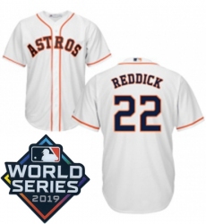 Mens Majestic Houston Astros 22 Josh Reddick Replica White Home Cool Base Sitched 2019 World Series Patch Jersey