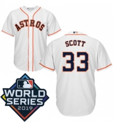 Mens Majestic Houston Astros 33 Mike Scott Replica White Home Cool Base Sitched 2019 World Series Patch Jersey