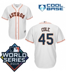 Mens Majestic Houston Astros 45 Gerrit Cole Replica White Home Cool Base Sitched 2019 World Series Patch jersey