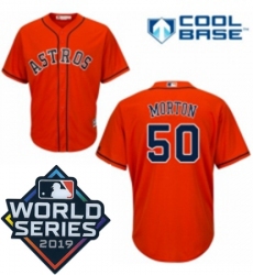 Mens Majestic Houston Astros 50 Charlie Morton Replica Orange Alternate Cool Base Sitched 2019 World Series Patch jersey