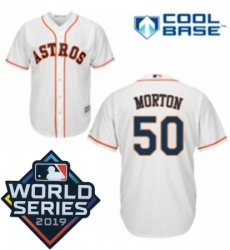 Mens Majestic Houston Astros 50 Charlie Morton Replica White Home Cool Base Sitched 2019 World Series Patch jersey