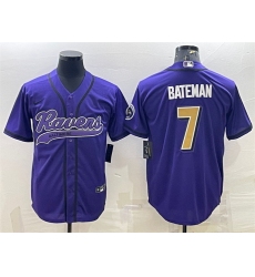 Men Baltimore Ravens 7 Rashod Bateman Purple Gold With Patch Cool Base Stitched Baseball Jersey