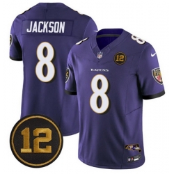 Men Baltimore Ravens 8 Lamar Jackson Purple 2025 F U S E  Jacoby Jones Patch Vapor Limited Football Jersey