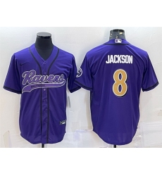 Men Baltimore Ravens 8 Lamar Jackson Purple Gold With Patch Cool Base Stitched Baseball Jersey
