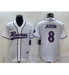Men Baltimore Ravens 8 Lamar Jackson White With Patch Cool Base Stitched Baseball Jersey