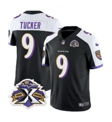 Men Baltimore Ravens 9 Justin Tucker Black White 2023 F U S E With Patch Throwback Vapor Limited Jersey