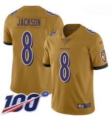 Ravens #8 Lamar Jackson Gold Youth Stitched Football Limited Inverted Legend 100th Season Jersey