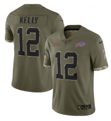Men Buffalo Bills 12 Jim Kelly Olive 2022 Salute To Service Limited Stitched Jersey