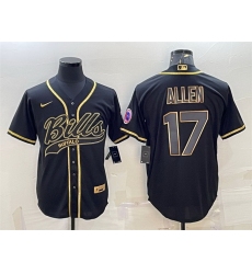 Men Buffalo Bills 17 Josh Allen Black Gold Edition With Patch Cool Base Stitched Baseball Jersey