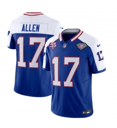 Men Buffalo Bills 17 Josh Allen Blue White 35th And 75th Patch 2023 F U S E  Throwback Vapor Untouchable Limited Stitched Jersey