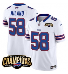 Men Buffalo Bills 58 Matt Milano White 2023 F U S E  AFC East Champions Ptach Stitched Football Jersey