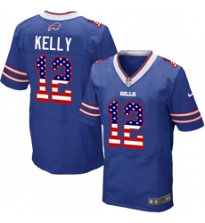 Mens Nike Buffalo Bills 12 Jim Kelly Elite Royal Blue Home USA Flag Fashion NFL Jersey