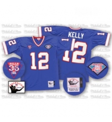 Mitchell And Ness Buffalo Bills 12 Jim Kelly Royal Blue 35th Anniversary Patch Authentic Throwback NFL Jersey