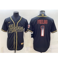 Men Chicago Bears 1 Justin Fields Black Gold With Patch Cool Base Stitched Baseball Jersey