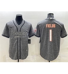 Men Chicago Bears 1 Justin Fields Grey With Patch Cool Base Stitched Baseball Jersey