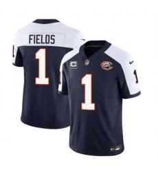 Men Chicago Bears 1 Justin Fields Navy White 2023 F U S E  With 1 Star C PatchThrowback Limited Stitched Football Jersey