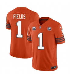 Men Chicago Bears 1 Justin Fields Orange 2023 F U S E  With 1 Star C Patch Throwback Limited Stitched Football Jersey