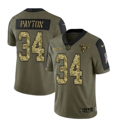 Men Chicago Bears 34 Walter Payton 2021 Salute To Service Olive Camo Limited Stitched Jersey