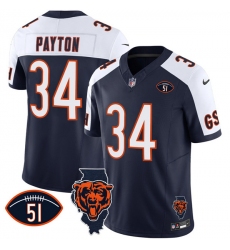 Men Chicago Bears 34 Walter Payton Navy White F U S E  With Illinois And No  51 Patch Stitched Football Jersey