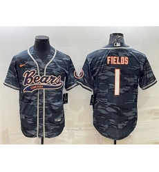 Men Chicago Bears Blank 1 Justin Fields Grey Camo With Patch Cool Base Stitched Baseball Jersey