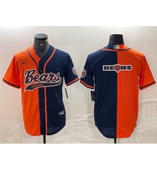 Men Chicago Bears Team Big Logo Orange Navy Split With Patch Cool Base Stitched Baseball Jersey