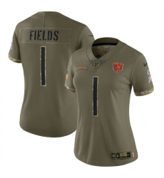 Women Chicago Bears 1 Justin Fields 2022 Olive Salute To Service Limited Stitched Jersey