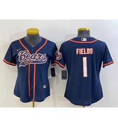 Women Chicago Bears 1 Justin Fields Navy With Patch Cool Base Stitched Baseball Jersey